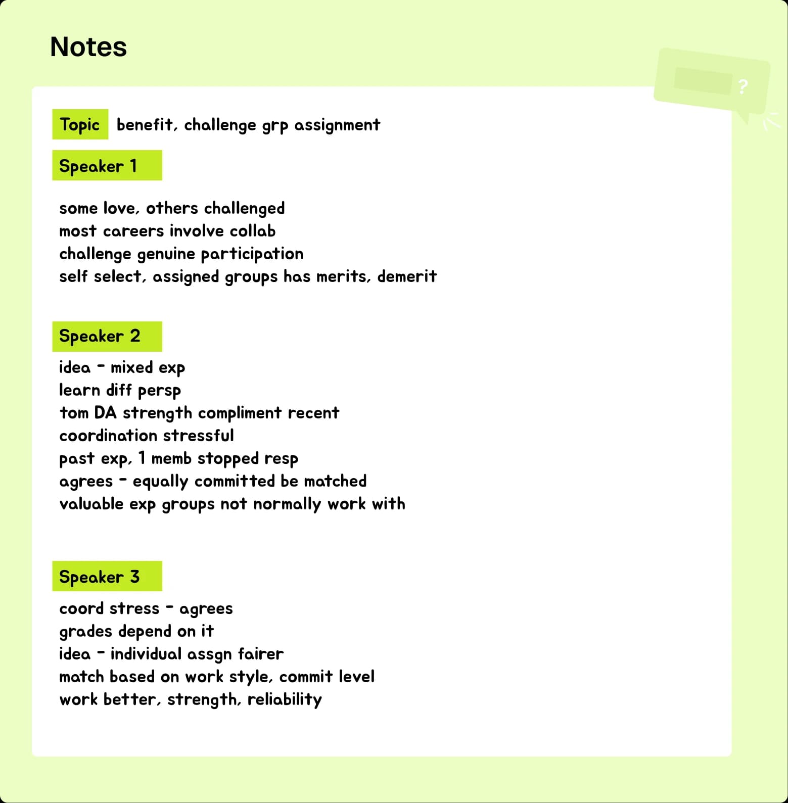 Shows notes taken for this speaking test.