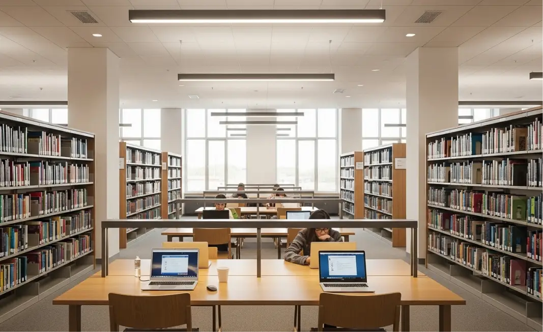 Shows an image of a library for PTE describe image.